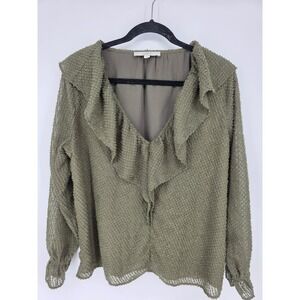 LOFT Olive Green Textured‎ Ruffle Long Sleeve Blouse Top Women's Size L